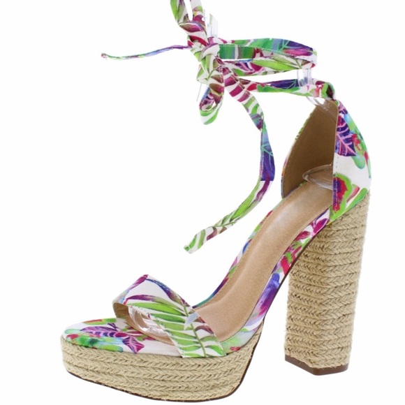 Floral tie up ankle wrap chunky platform heels espadrille sandals - Picture 1 of 3